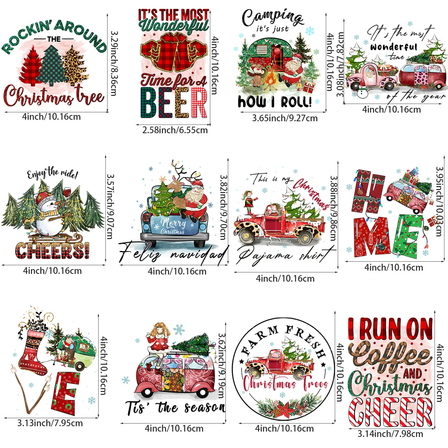 12Pcs Christmas Lron-On Transfer Stickers,Vinyl Heat Transfer Patches For DIY Couple Clothing Backpack Hat Craft Supplies