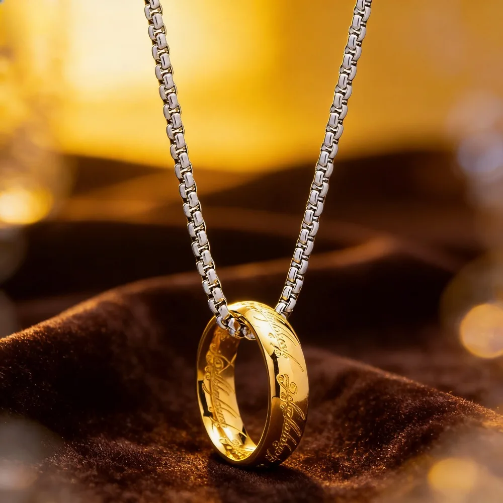 Gold Plated Ring Pendant Necklace, Creative Engraved Stainless Steel Jewelry for Men Women