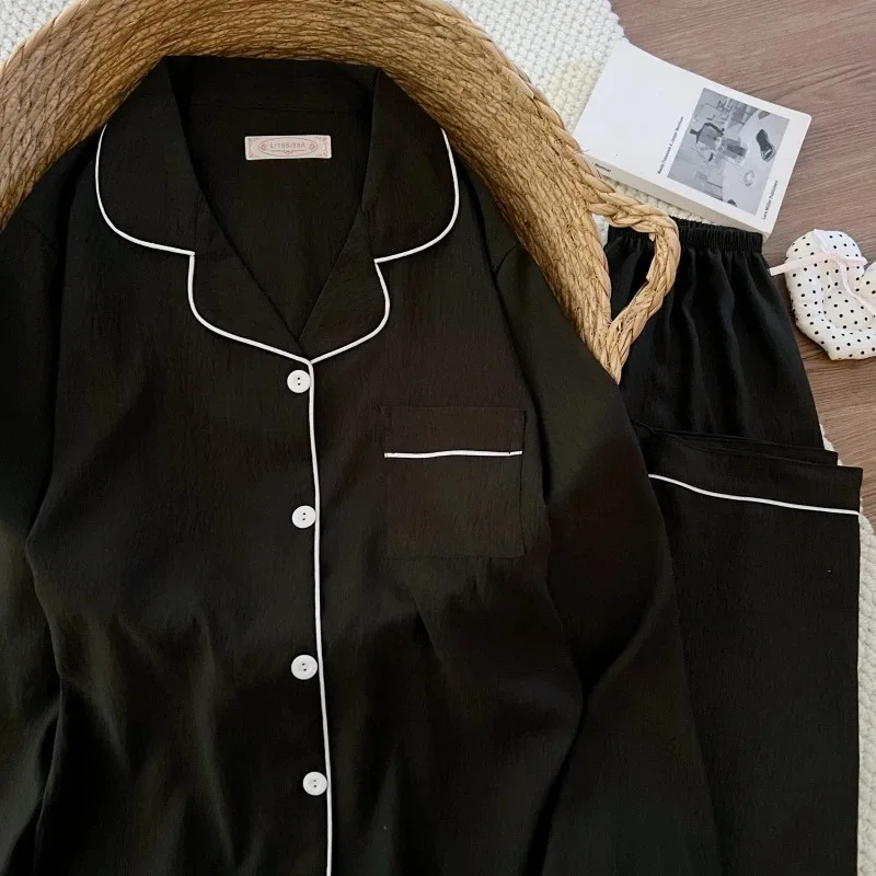 

Luxury Soft Solid Pajamas for Women 2026 Spring New Basic Two Piece Set Sleepwear Long Sleeve Casual 2PCS Loungewear Set Korean