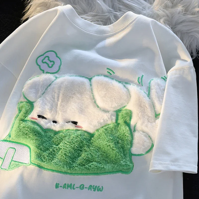Cotton Retro New Short Sleeve T-shirt Women's Cartoon Flocked Embroidery Crewneck Loose Top Kawaii Clothes