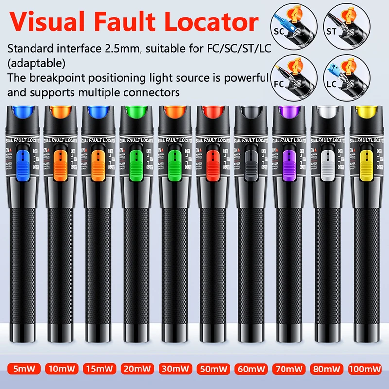 Visual Fault Locator 5MW-100MW Red Laser Pointer Optical Fiber Test Tool Fiber Optic Cable Tester FC/SC/ST Universal Interface