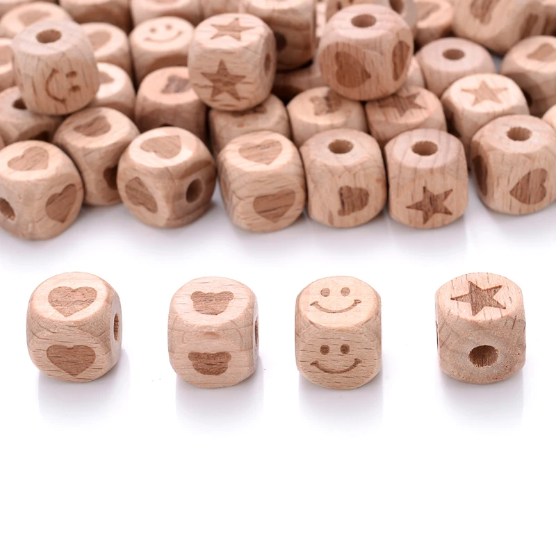 10Pcs 12mm Printing Beech Wooden Square Beads Five-pointed Star Heart Teether Beads for Pacifier Clips Holder Accessories