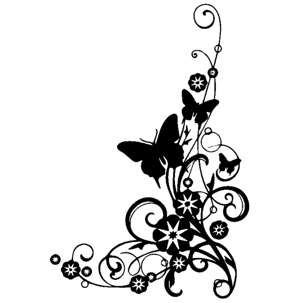 1pc 2D Flat Elegant Butterfly & Flower Swirly Vinyl Sticker Black Decal for Car Corner Decor