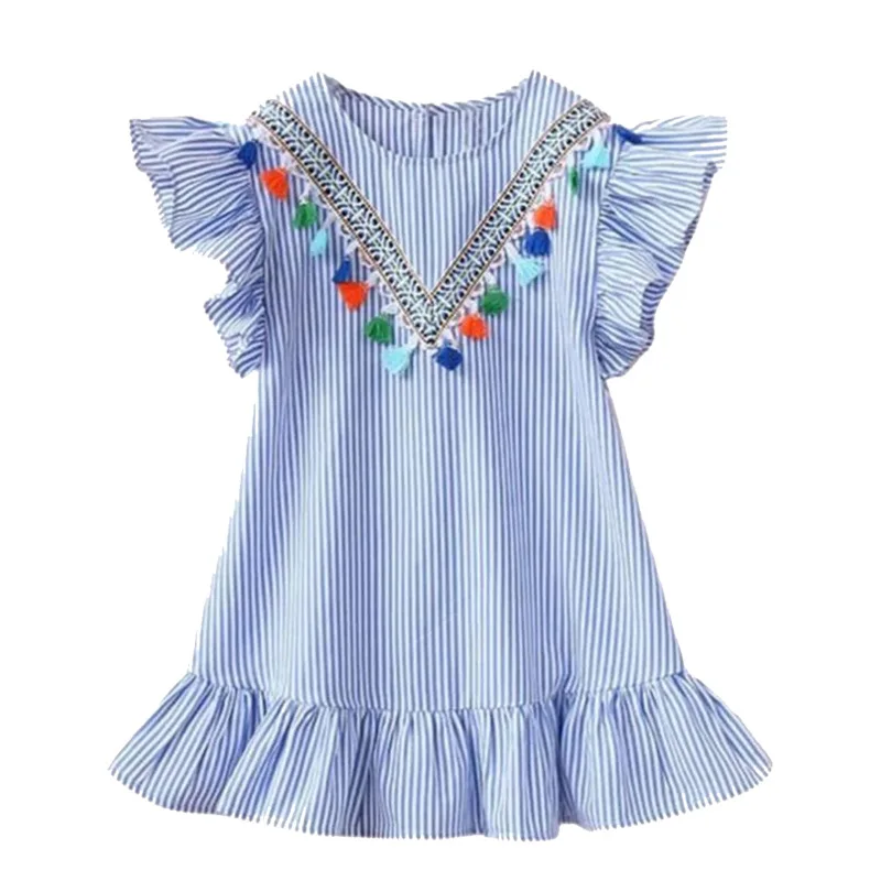 2024 Summer Girls Striped Dress Children Short Sleeves Flowers Princess Dress Baby Korean Version Beach Casual Dress 1-8Y