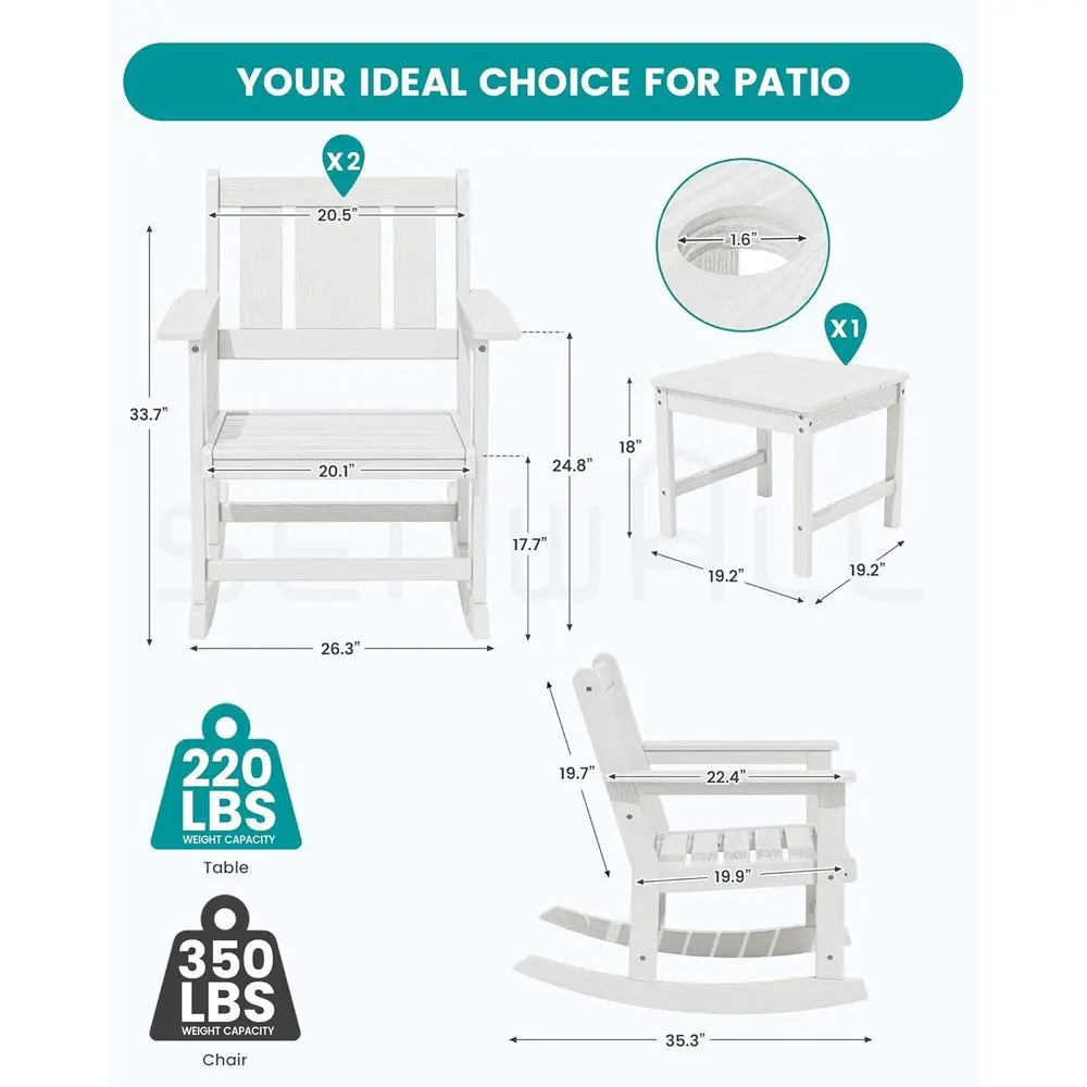Outdoor Rocking Chairs Set o 2 with Side Table, All-Weather HDPE 3 Piece Patio urniture Set, Patio Bistro Set with Umbrella Hole