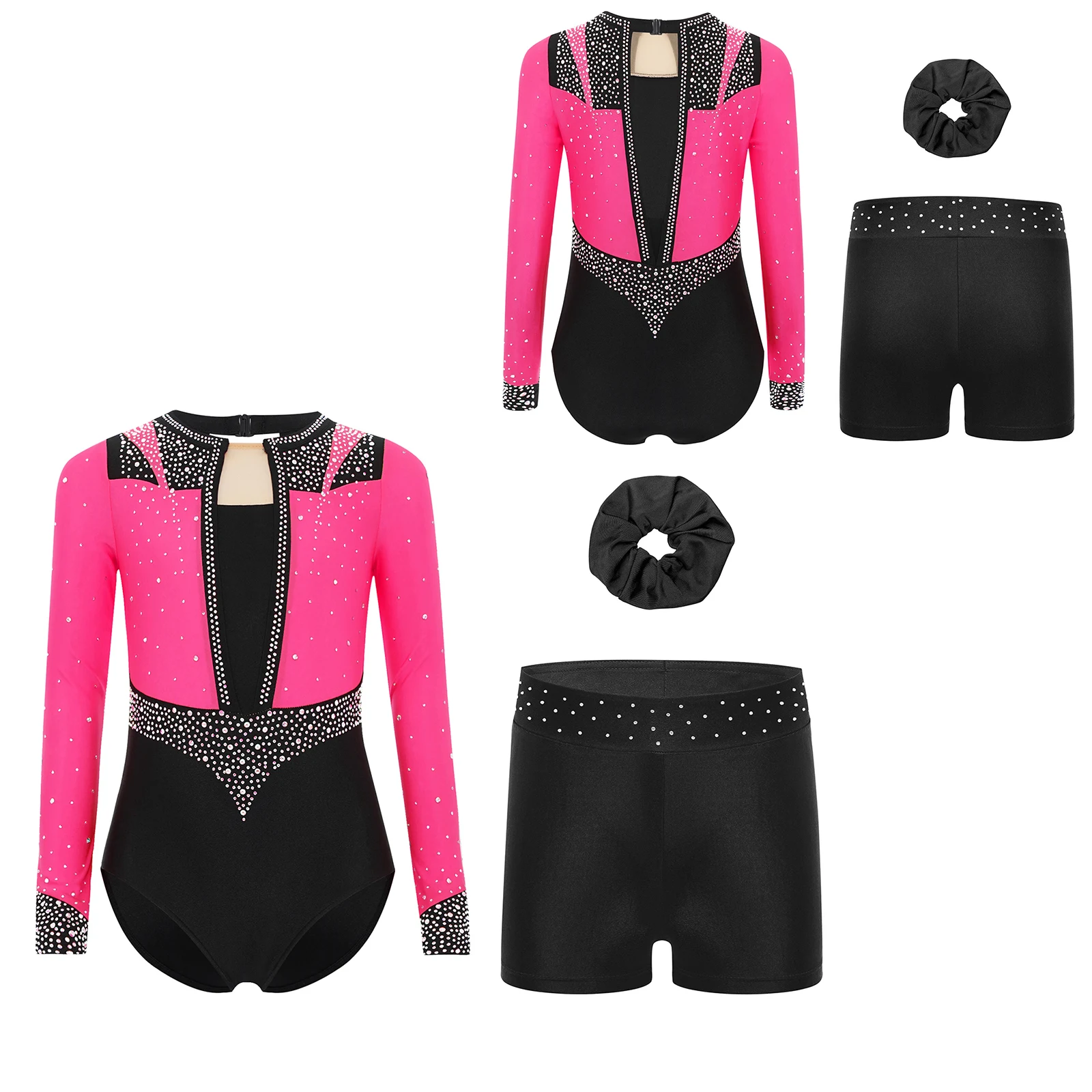 

Kids Girls Figure Skating Ballet Dance Outfit Shiny Rhinestones Gymnastics Jersey Leotard with Shorts Hair Band Sportswear Set