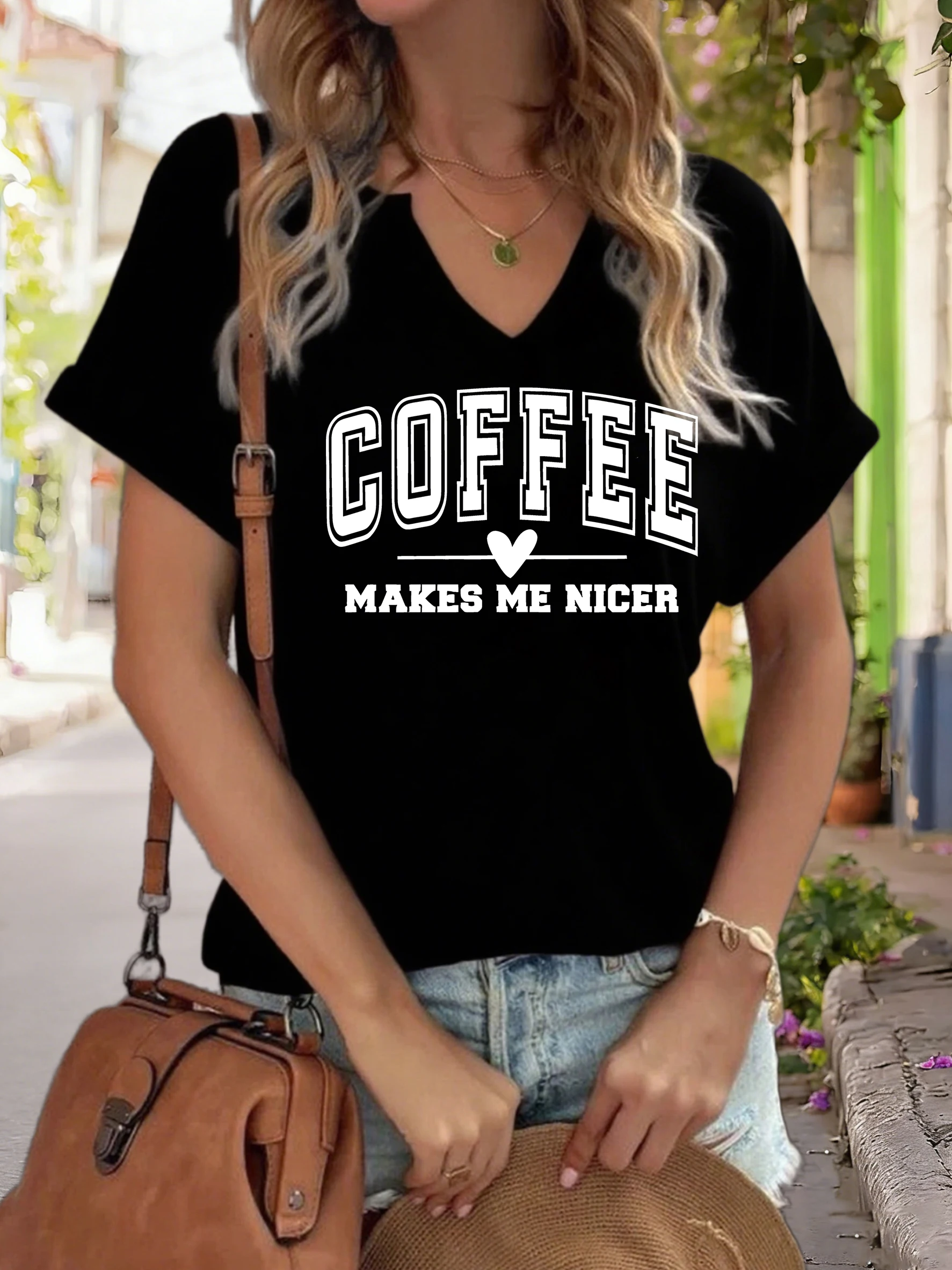 Fashion Coffee Letter Print Women's T-Shirts Casual V-neck Short Sleeve Tees Simple Versatile Female Clothing Summer Loose Tops