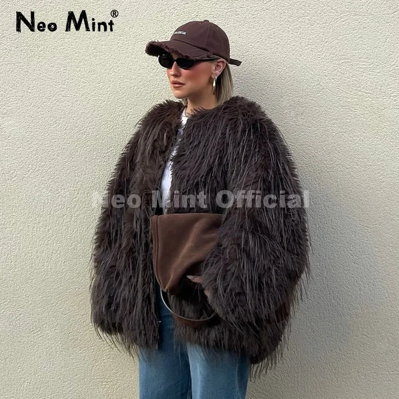 Neo Mint Ins Brand Fashion 2025 Winter Chocolate Brown Oversized Faux Fur Coat Women Fluffy Tassles Jacket Thick Chunky Overcoat