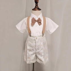 Kids Shirt Strap Shorts Bowtie 4PCS Clothing Set Boys Photograph Suit School Children Piano Performance Dance Dress Costume