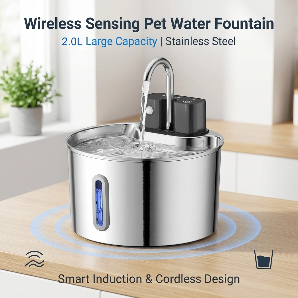 Fuente de agua para gatos de acero inoxidable de 2L con sensor de carga inalámbrica, bebedero automático para mascotas con sensor de movimiento, tazón dispensador de agua para perros.