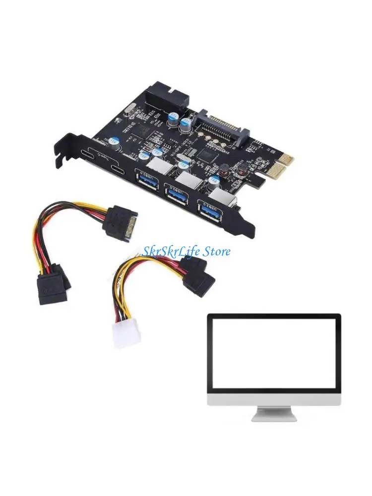 

E65E Pcie To Usb Expansion Card Pci-e to 2xType-C 3xTypeA Adapter Card Free-Power