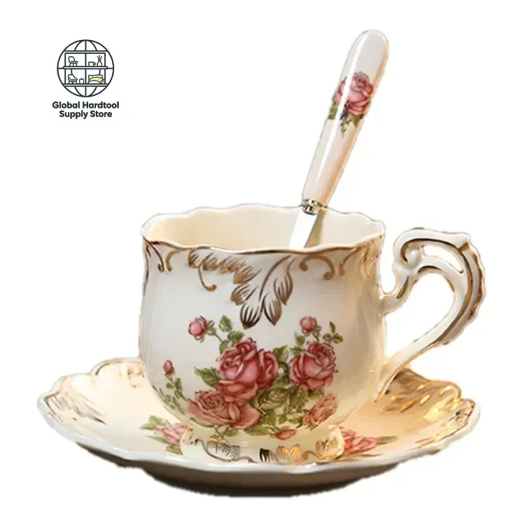 British Ivory Porcelain Coffee Cups and Saucers Set Vintage Floral Painted Rose Household Breakfast Cup Ceramic Afternoon Teacup