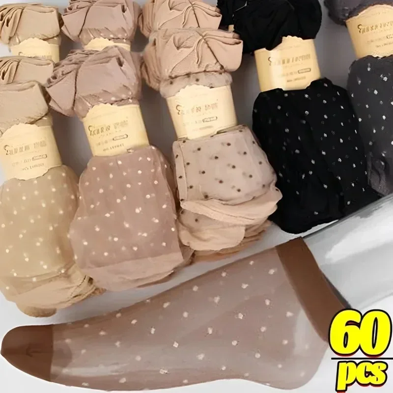Ultrathin Nylon Mid-tube Sock Women Black Skin Dot Silk Socks Summer Short Hosiery Female Breathable Non-Slip Stretch Ankle Sox