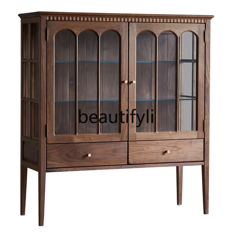 All solid wood glass wine cabinet retro display cabinet with lamp figure ceramic storage cabinet