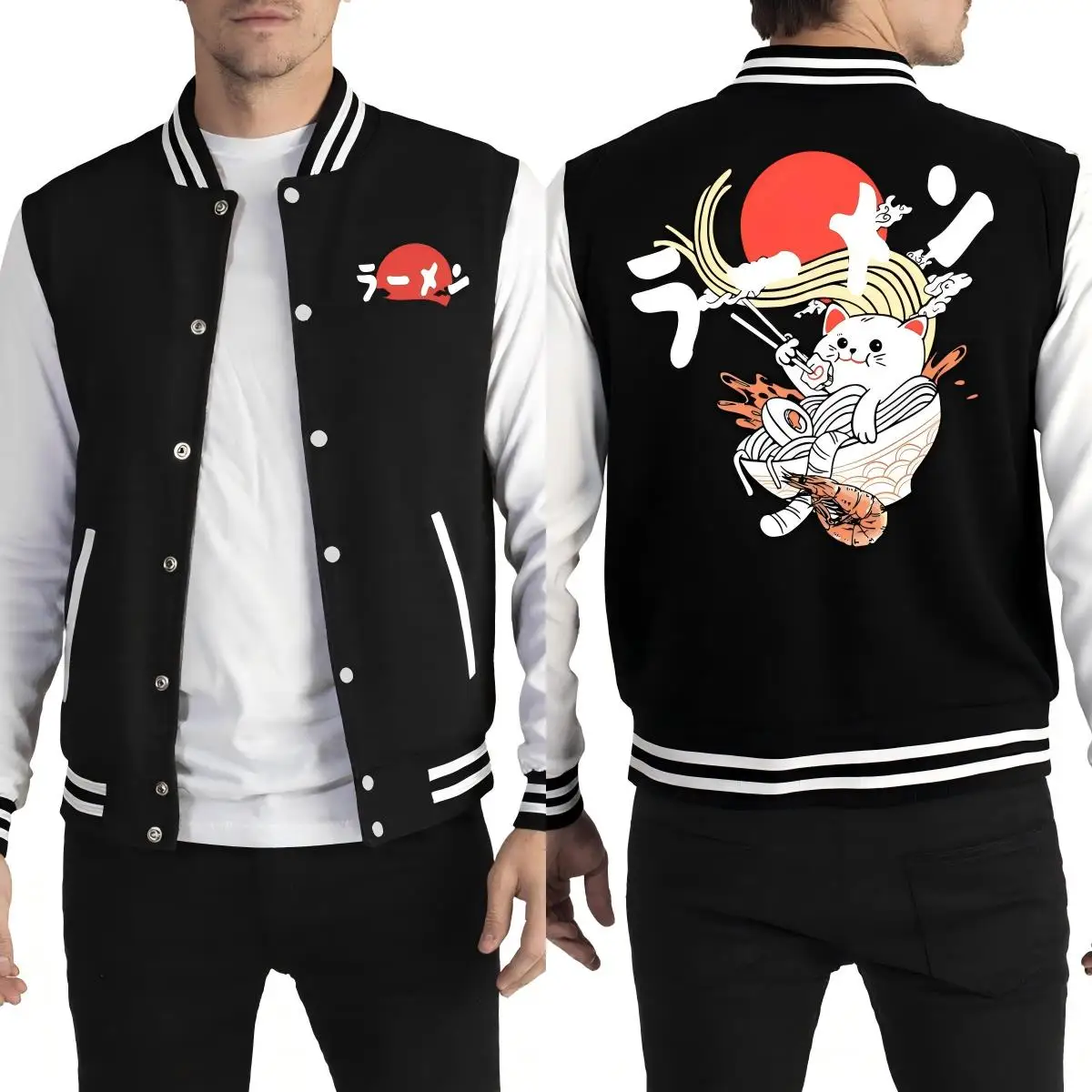 

Japanese Delicious Noodle Cat Printing Baseball Uniform Casual Loose Clothes Fleece Men Jackets All-Match Autumn Streetwear