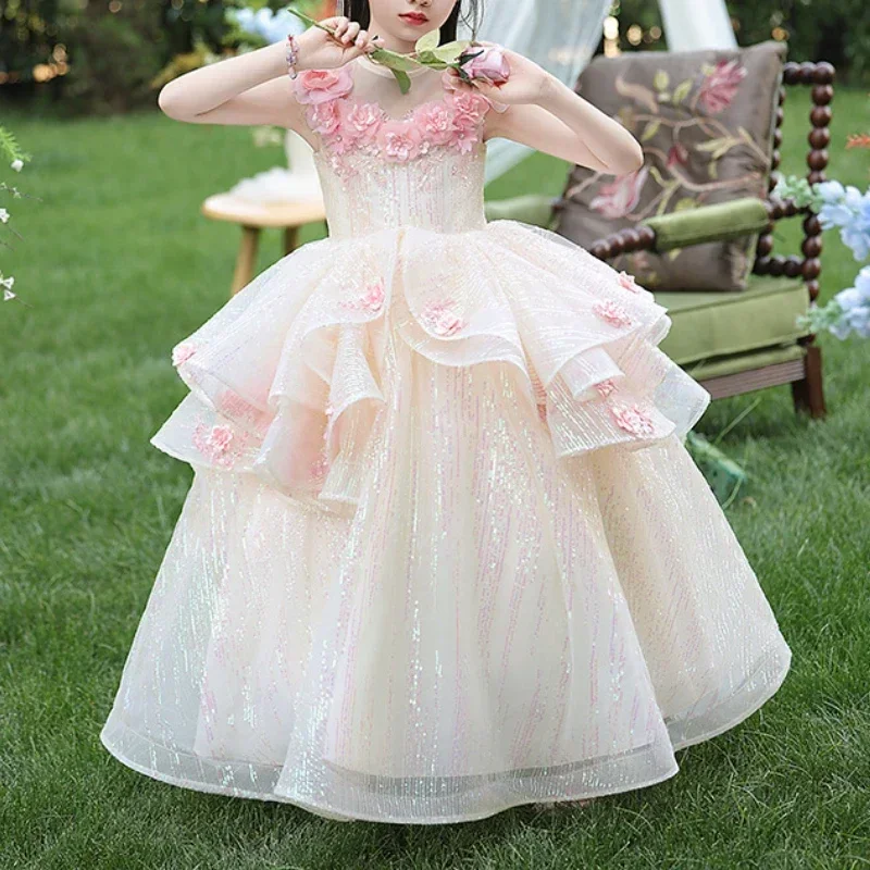 

Exquisite Flower Appliques Ball Gown Fairy Sweet Luxury Sequin Design Slim Waist A-line Birthday Party Dress Tiered Vestidos