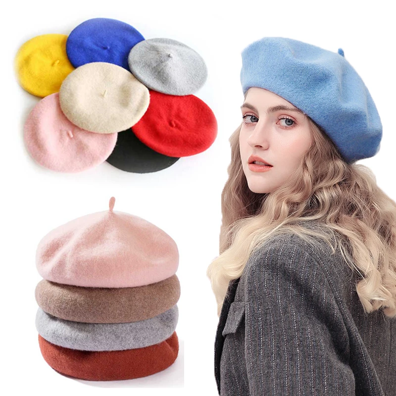 2021France Beret Hat Painter Flat Cap Women Vintage Wool Berets Hat Solid Color Bonnet Caps Casquette Female Warm Winter Cap