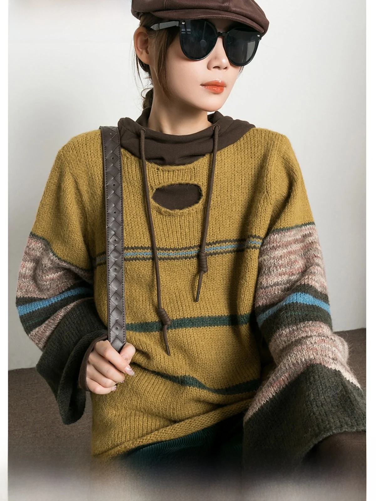 

Trendy Flower Vintage Lazy Sle Color Blo Striped Loose Long Sve round Ne Knitted Sweater Women Autumn Winter New S...