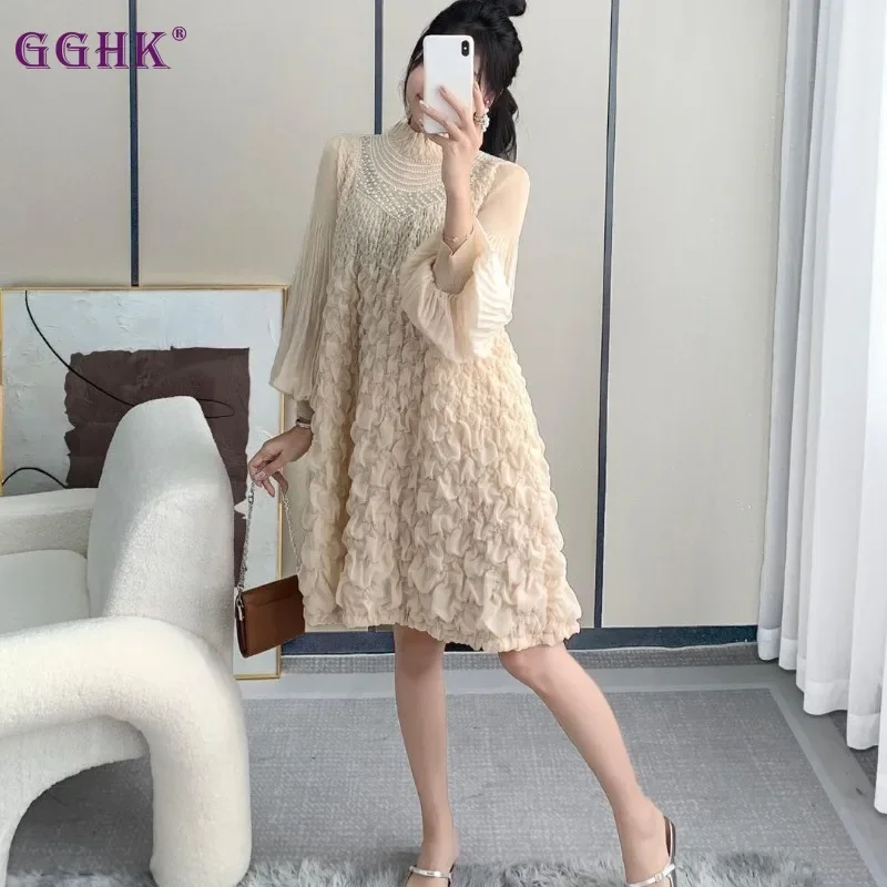 GGHK Pleated Women Dresses 2024 Autumn New Solid Color Round Neck Beaded Design Loose Large Size Fashion Casual Dresses