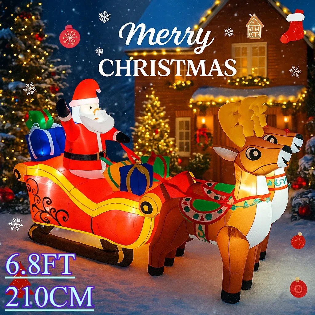 6.8FT Xmas Holiday Inflatable Yard Decor Santa Sleigh with Reindeer LED Toy Home Ornament Gift  Lawn Patio Inflatable Prop