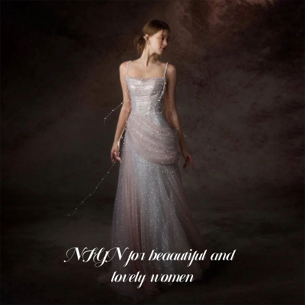 NFYN Blush Pink Party Dress Spaghetti Strap Sleeveless Lace Up Back Evening Dress Wrap Hips فساتين السهرة for Wedding Customized