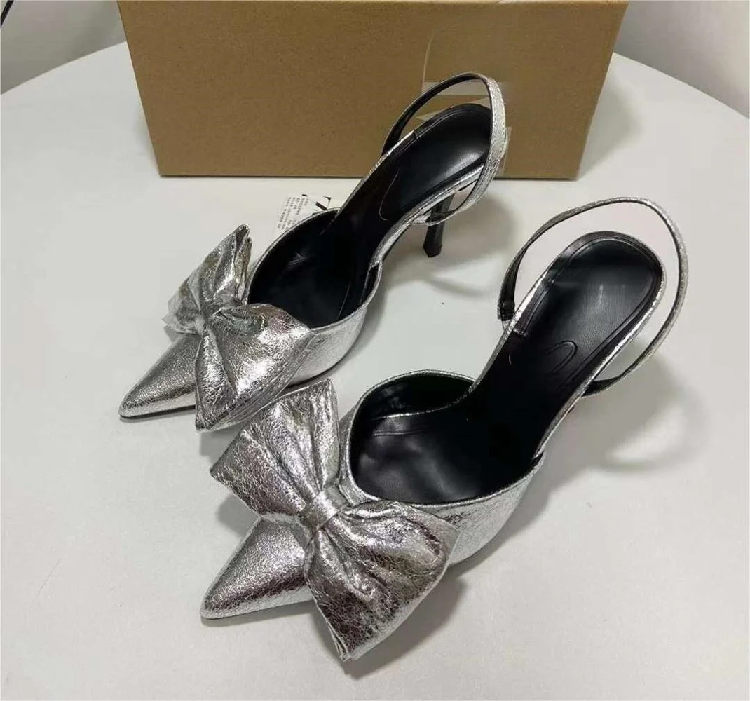 TRAF Women\'s Silver Bow High Heels Sexy Pointed Toe Leather Female Baotou Pumps 2024 Summer Elegant Lady Party Prom Heel Shoes