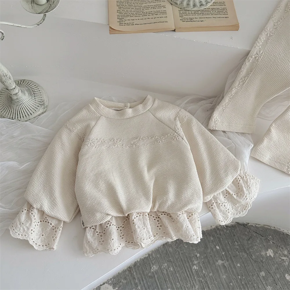 2024 New Korean Baby Girls Clothing Ruffle Lace Floral Toddler Kids Pullovers Tops Spring Fall Winter Infant Slim Trousers