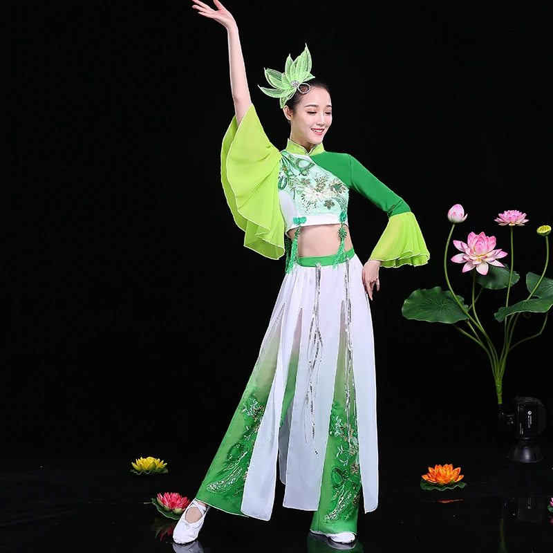 Disfraz de baile clásico Hanfu para mujer, traje de rendimiento Yangko, estilo chino, baile nacional para fanáticos