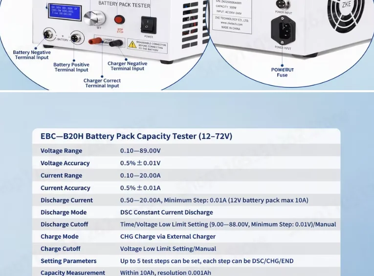 EBC-B20H 12-72V Lithium Lead-acid Battery Pack Capacity Tester  External Charger  Discharge Meter 20A