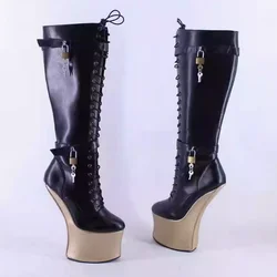 CACA 18CM Women Pony Hoof Platform Boots,Night Club Pole Dance Shoes,Men Heelless Booties,Knee High Botas,Lace-up,Black,Dropship