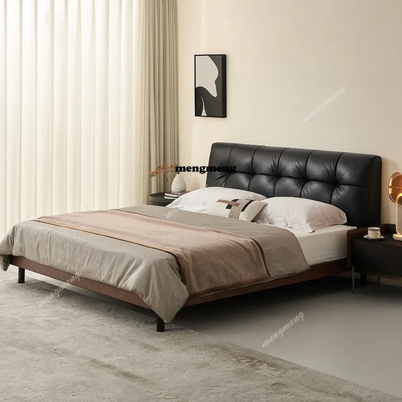 Medieval solid wood bed black first layer cowhide soft bag master bedroom 1m double bed solid wood row skeleton