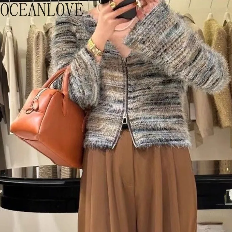 OCEANLOVE Mix Color Short Cardigans Striped Autumn Winter Korean Fashion Women Sweaters V Neck Zipper Retro Ropa De Mujer