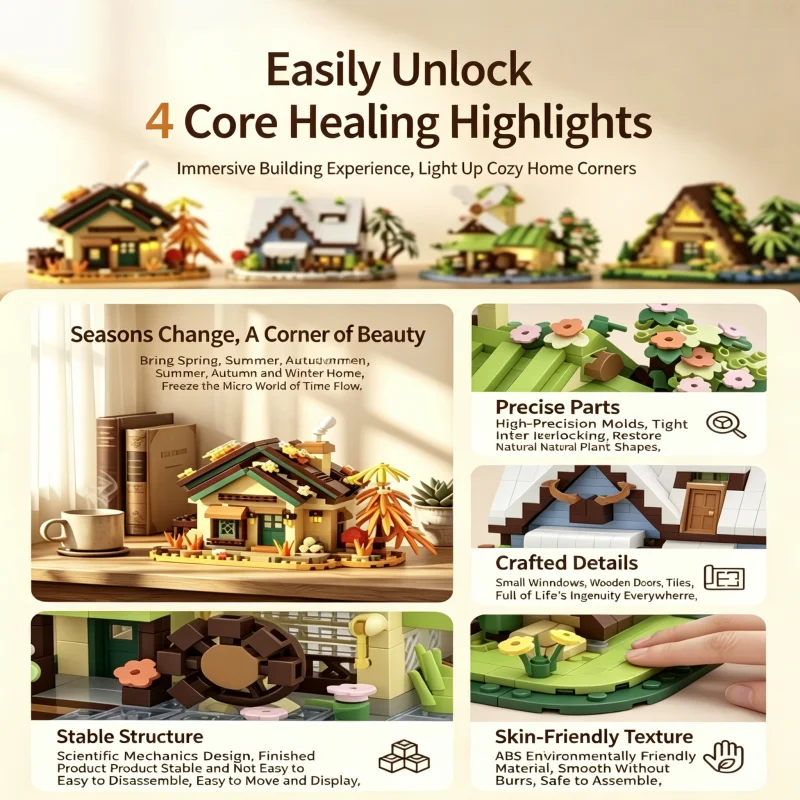 Four-Season Cottage Building Block Set, Collectible Miniature House Model, DIY Assembly Toy for Adults, An Excellent Gift for Ho