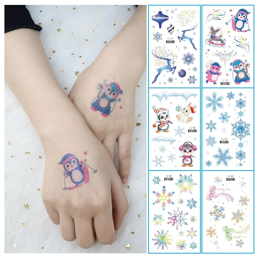 Tatouage Temporaire à Paillettes pour ix, Dégradé de Flocon de Neige, Arbre de Noël, Poulet, Maquillage, Hiver