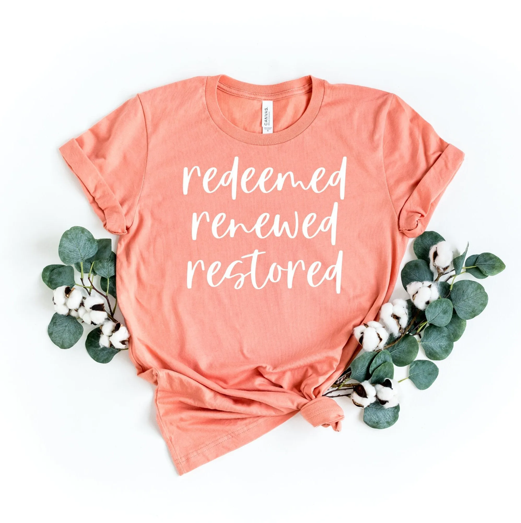 Redeemed renewed restored Christian Apparel T Shirt Faith Religious Clothing Jesus Grace Disciple Love