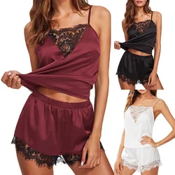 2Pcs Sexy Pajama Set Women Sexy Lace Patchwork Satin Silk Spaghetti Strap Top Hot Shorts Pajama Women Sleepwear Femme Pijamas