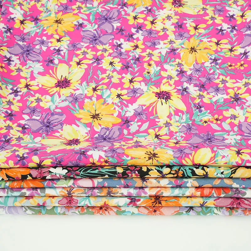 

150 см в ширину 105 г/м полиэфирная ткань из спандекса для тонкой одежды, занавески для одежды, эластичная ткань с цветочным принтом для шитья своими руками R650