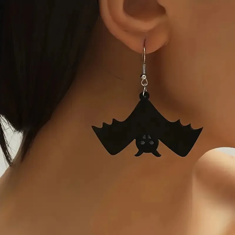 

Fashion Personality Earrings Black Flat Acrylic Halloween Creative Upside Down Bat Earrings for Women