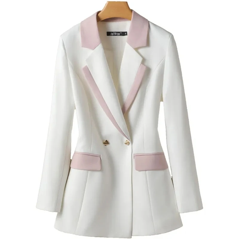 

Color Matching Suit Jacket Female Autumn New Age-Reducing Sulong White Slim Double-Breasted Small Suit Personality Coat Jacket