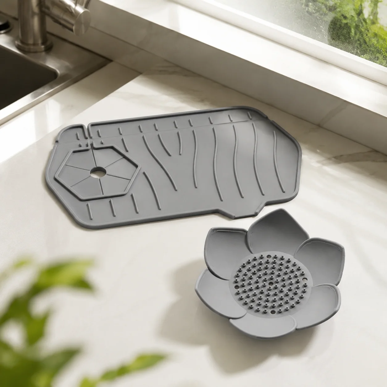 2pcs Faucet Guard Mat Non-Slip Silicone Sink Tray for Kitchen Bathroom Vanity, Fast Drain Soap Dish Holder Durable