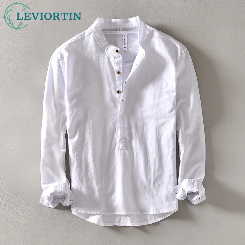 Casual Cotton Linen Shirt Men Spring Fashion Stand Collar Long Sleeve Japan Style Plain Blouse Breathable Daily Tops M-4XL