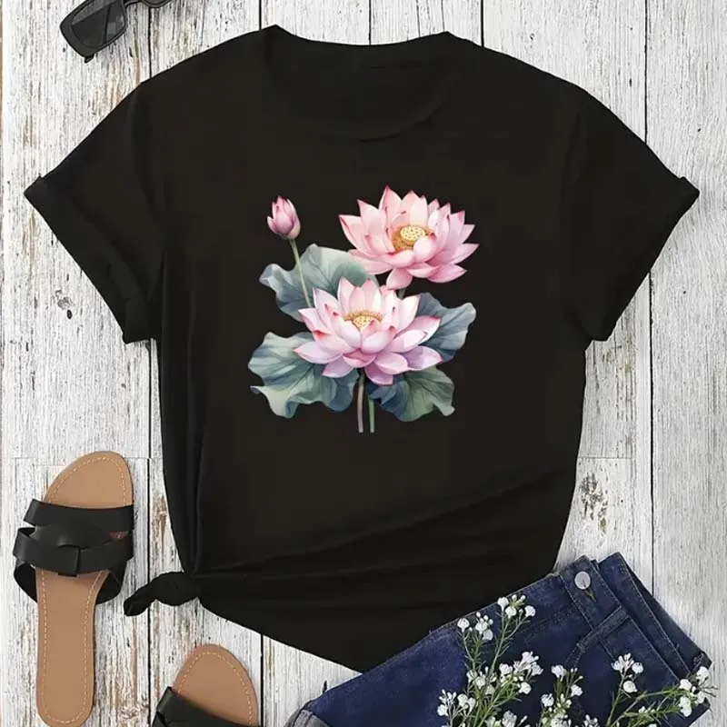 Trendy Lotus Flower Print Women T-shirt Streetwear Short Sleeves Tee Tops Summer Cute Woman Clothes Tops T Shirt Women T-shirts