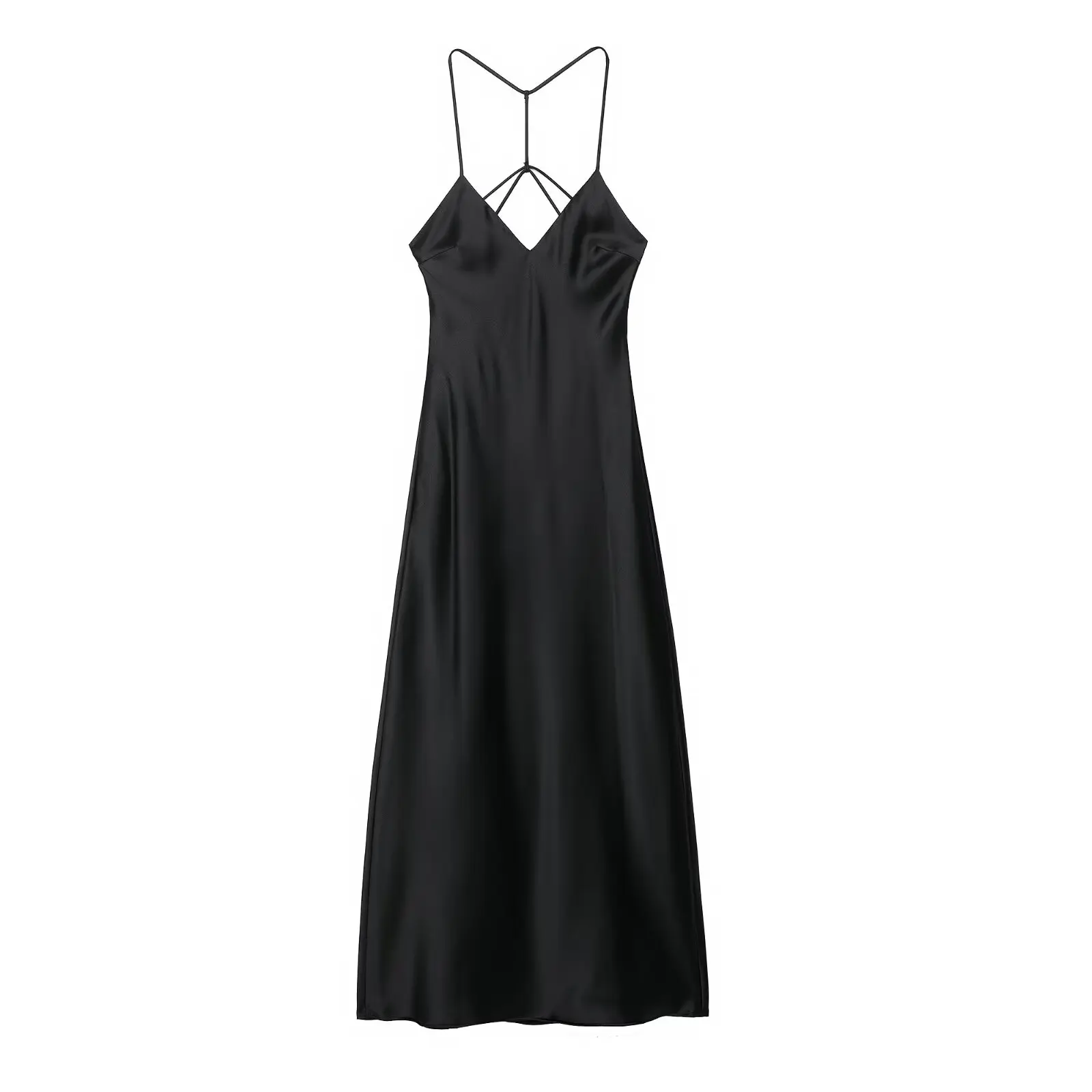 Ele soie Satin croix sangle Midi Neline Dr femmes été décontracté Svel v-ne robe l taille Polyester