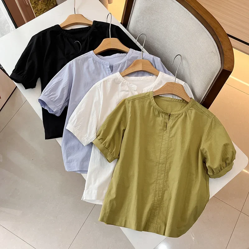 

Summer New Comfortable Cotton and Linen Blended Breathable V-neck Loose Puff Sleeve Short-sleeved Shirt