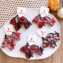 2025 Red Cloth Plaid Bow Hair Rope Ring Children Baby Girls Kid Elastic Hair Rubber Band Accessories Headdress Headwear Ornament