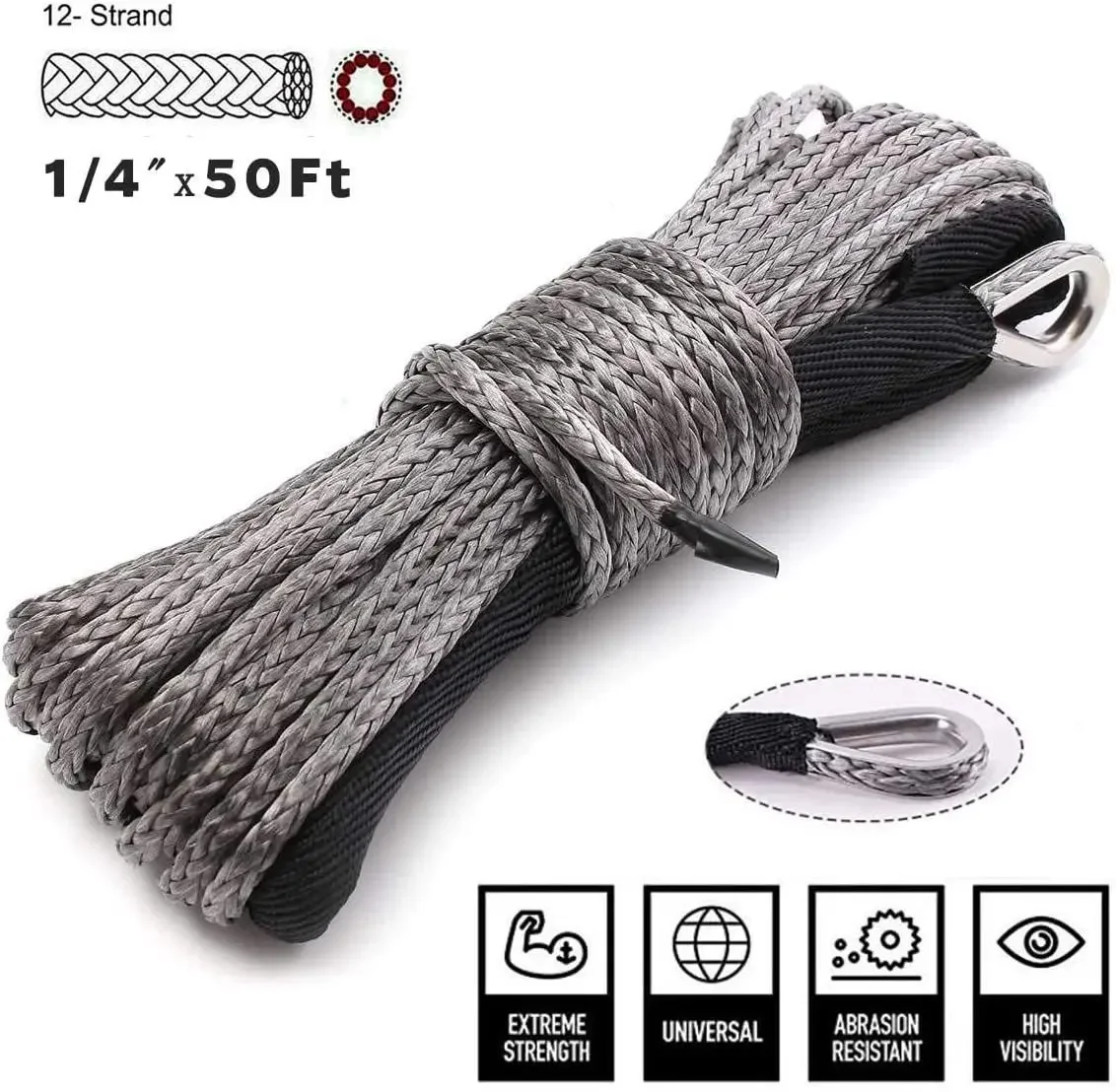 6mm * 15M (4t) Synthetic Fiber Rope Winch Rope Partner