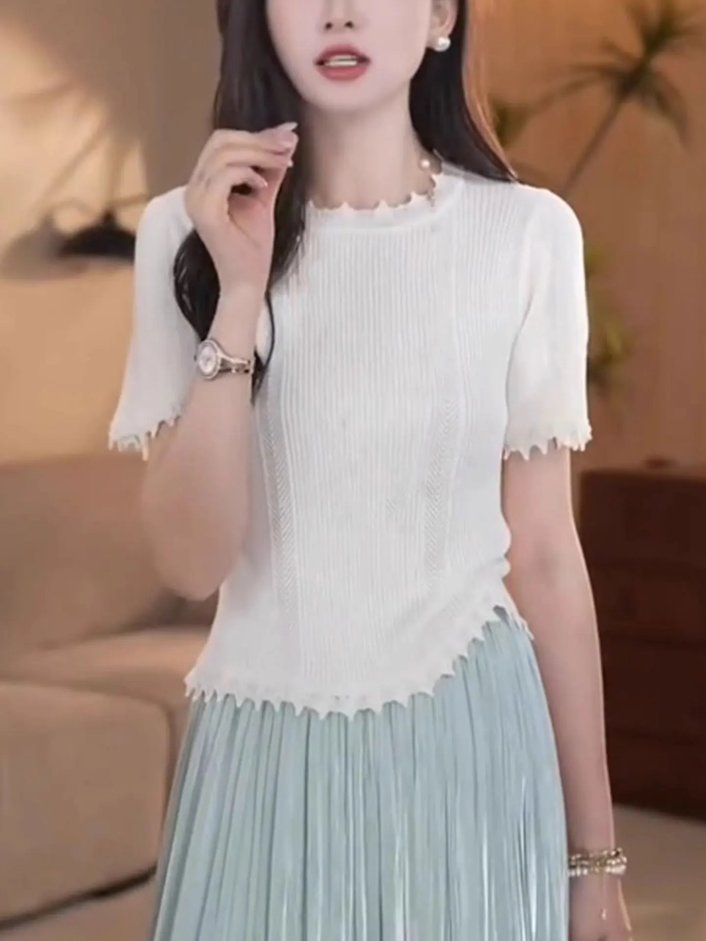 

Ele Ice Silk ort Sve Knitted Top Comfortable Crew Ne Commute Friendly Slim Fit Summer Faion for Women