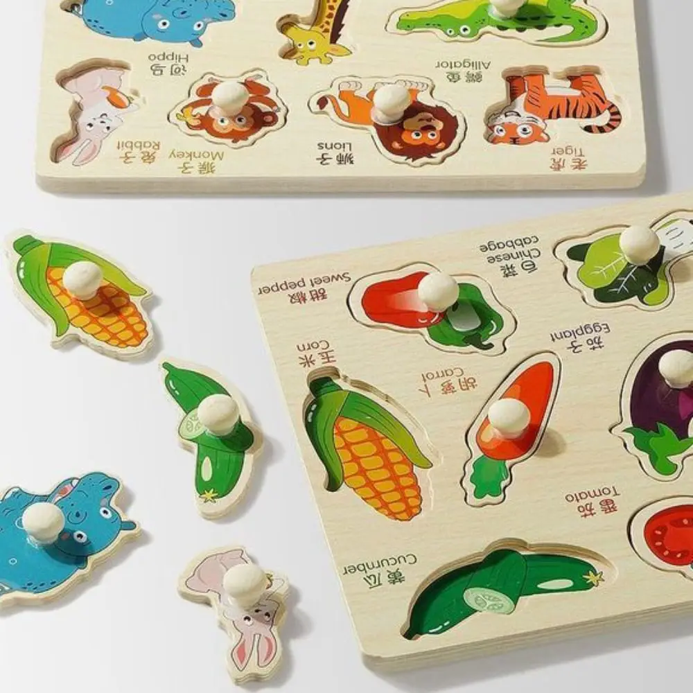 モンテッソーリ手掴みボードおもちゃ 形合わせ クリエイティブ木製パズルおもちゃ 漫画 知育 動物 果物 3Dパズル 子供向け