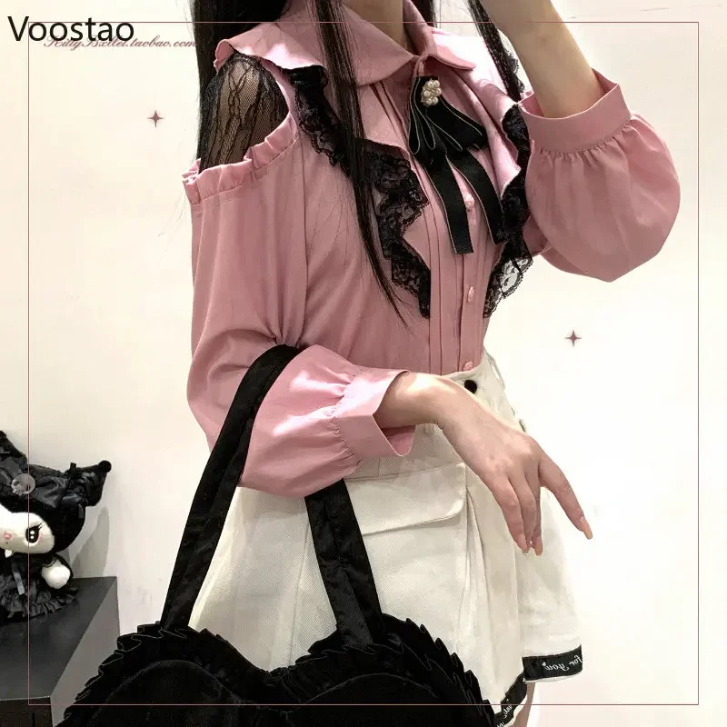 Japanese Sweet Lolita Shirt Women Casual Hollow Out Long Sleeve Tops Kawaii Ruffles Lace Bow Blouses Girls Cute Y2k Blusa Mujer