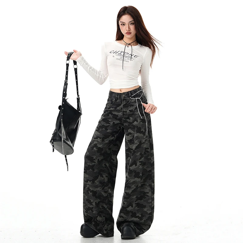 Amerykańskie spodnie robocze micro pull [kamuflaż] jesienno-zimowe, nowe, z wysokim stanem, luźne, z szerokimi nogawkami do ziemi dla kobiet.